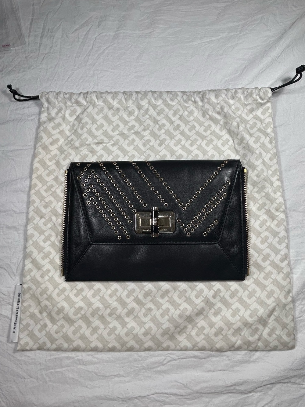 Diane von Furstenberg DVF Black Leather Studded 440 Gallery Clutch Bag wDust bag